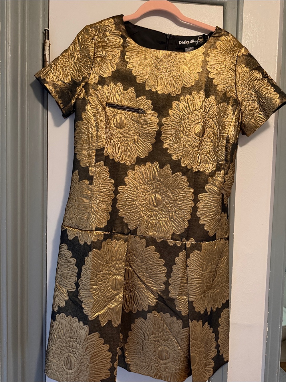 Desigual Gold Floral Jacquard Short Sleeve Dress